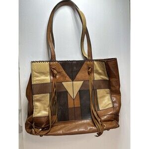 Patricia Nash Patchwork Tote Bag Purse 13x11.5 Inch Leather Stitched Brown Cream